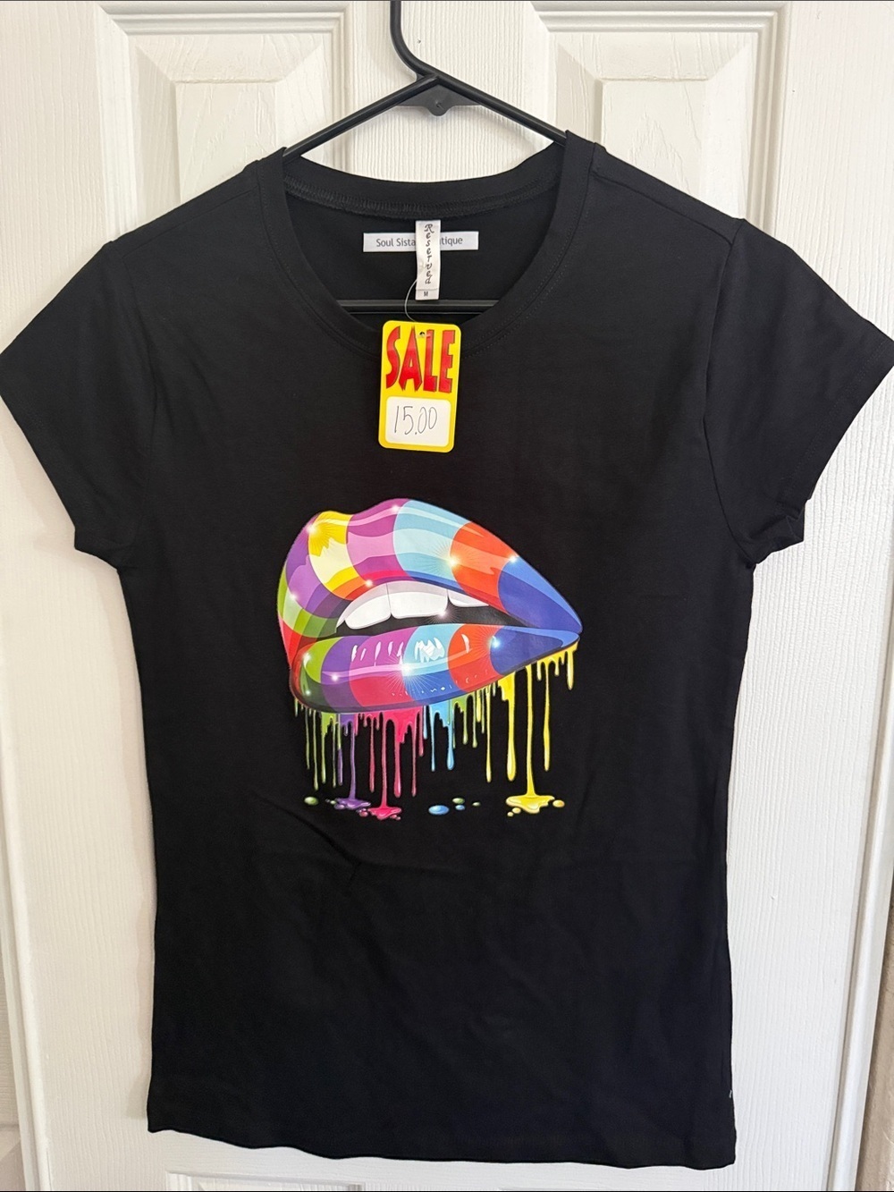 Reserved Black Short Sleeve Tee with Colorful Dripping Lips Graphic - Picture 1 of 5